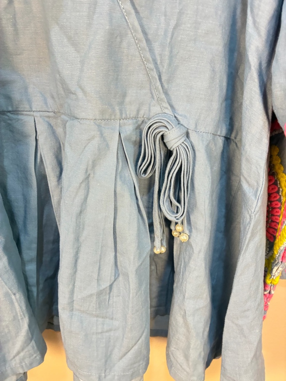 Khaadi Embroidered Sleeve Pearl Detail Peplum Hem Chambray Blouse - Picture 8 of 9